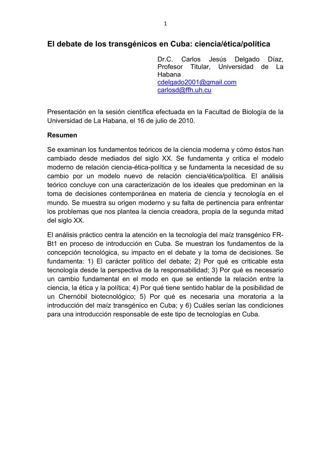 El debate de los transgénicos en Cuba: ciencia/ética/política